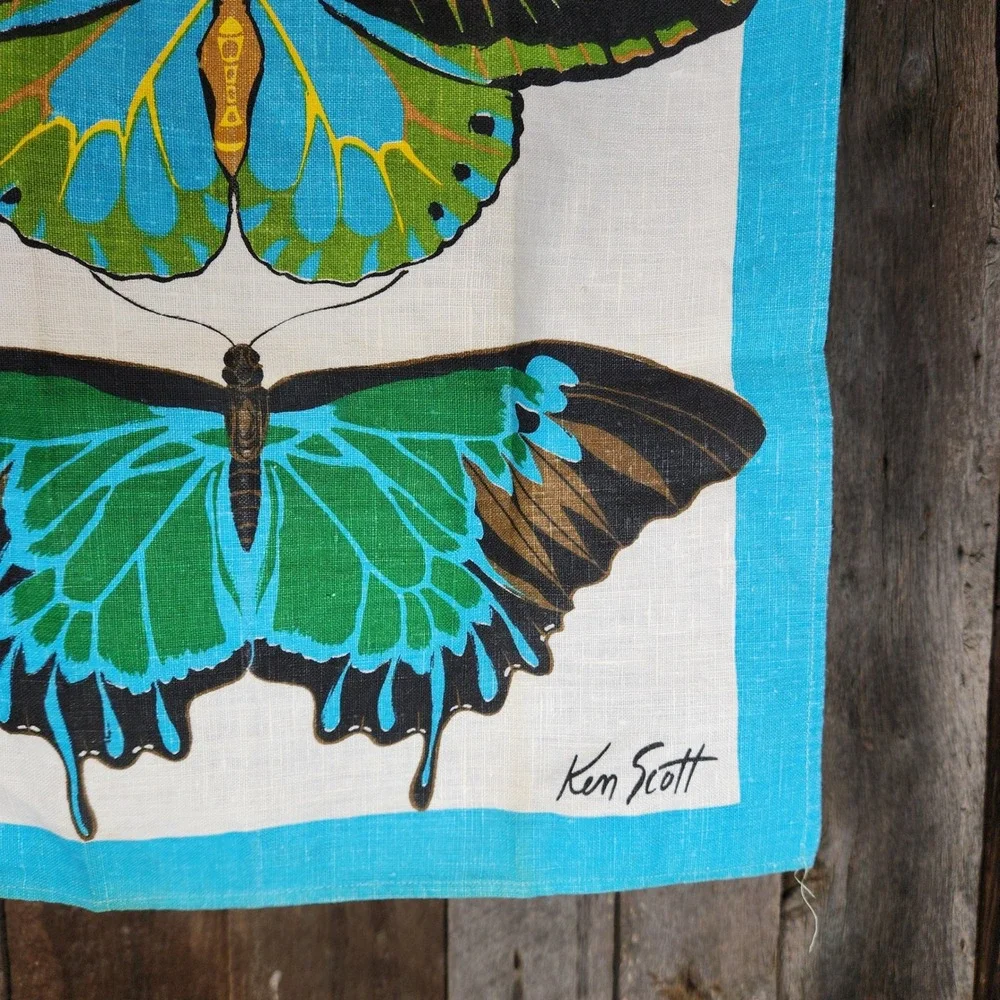 Ken Scott Vintage Linen Butterfly Print Turquoise Rare